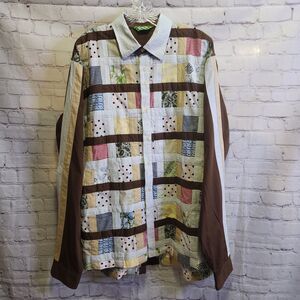Triko Shirt Mens XXL Brown Patchwork Button Up Pointed Collar Boho